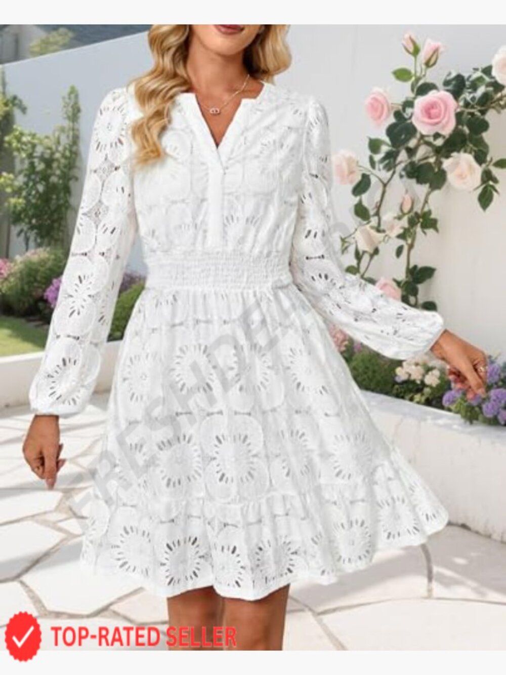 Puff Sleeve Floral Mini Dress Vintage Elegant Lace Eyelet Embroidered A-Line - Picture 2 of 7